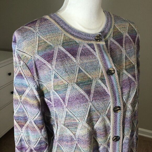 Vintage 70s Pastel Cardigan M Diamond Argyle Button Front Grandma - Picture 4 of 12
